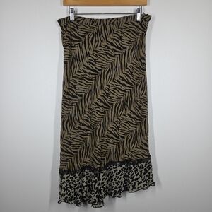 Vtg Y2K Usindo Zebra Leopard Ruffle Hem Sequin Midi Skirt Mob Wife Grunge Medium